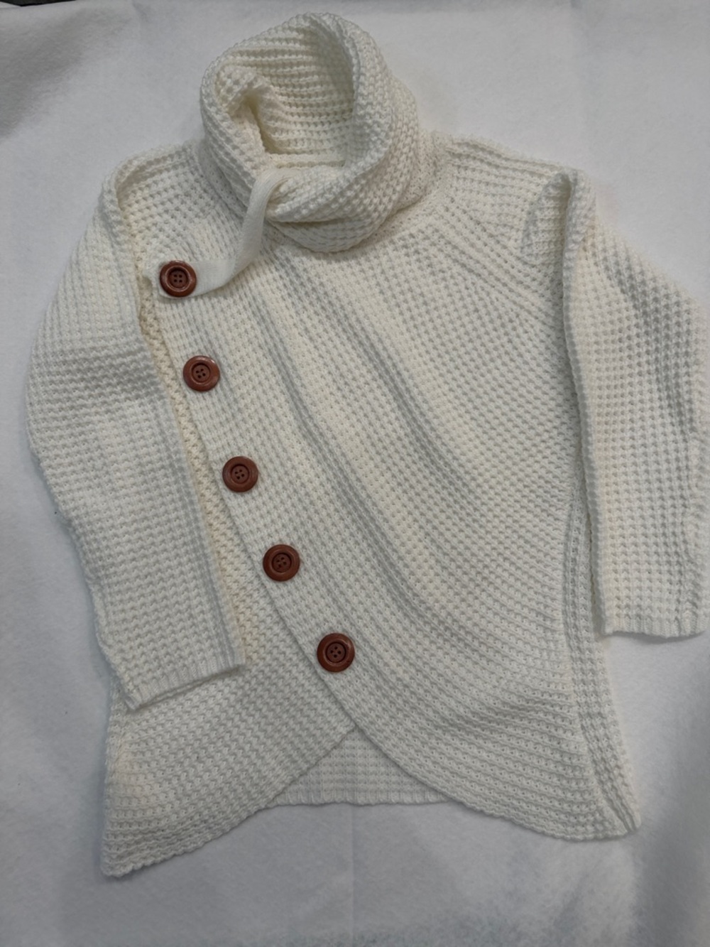Grecerelle Asymmetrical Wrap Sweater Cream Waffle Knit Button Cowl Neck Size‎ M